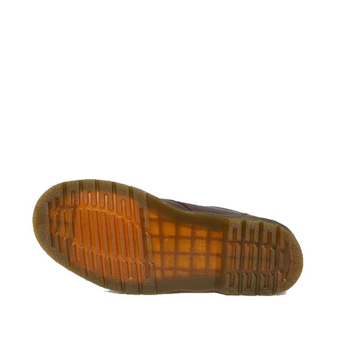 The image shows the bottom view of a Dr Martens 8053 Crazy Horse Dark Brown Leather 5 Eye shoe, featuring a translucent air-cushioned sole with grid-like tread and ridged edges, set against a plain white background., 52072, 52073, 800090801651, 8000908016
