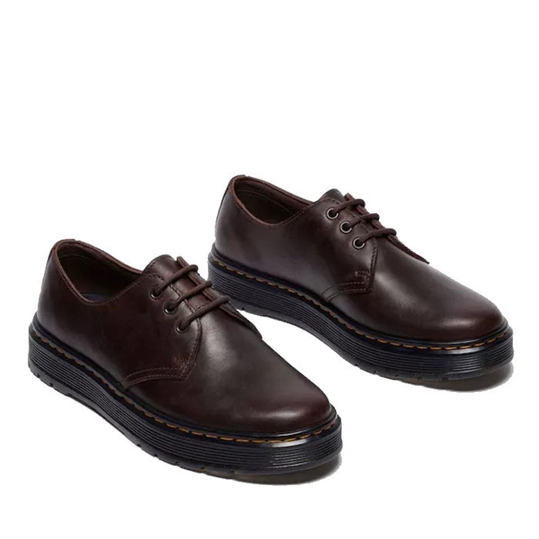 The Dr Martens Brookline Lo Dark Brown Crazy Horse Leather Shoe features a SoftWair insole, thick black rubber soles, and brown stitching detail, shown on a white background., 52062, 52063, 52064, 190665753912, 190665753936, 190665753943, 190665753950, 52