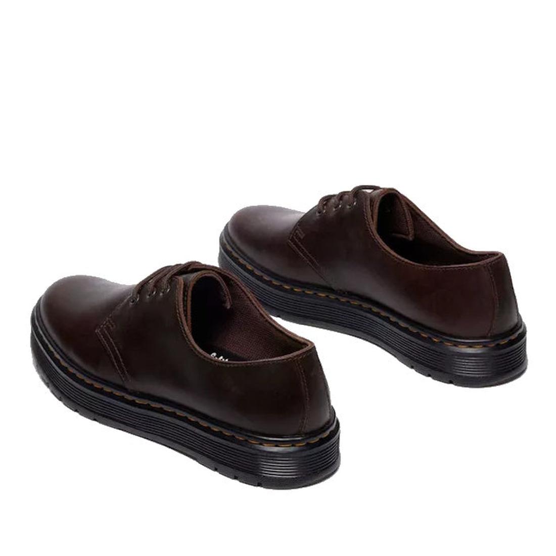 The Dr Martens Brookline Lo Dark Brown Crazy Horse Leather Shoe features black ridged soles, brown stitching, a comfy SoftWair insole, and is shown on a white background., 52062, 52063, 52064, 190665753912, 190665753936, 190665753943, 190665753950, 52069,