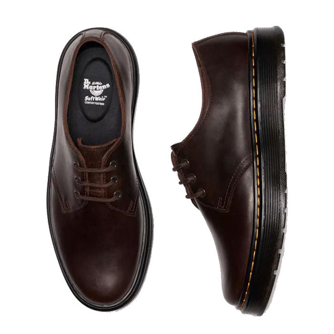 The Dr Martens Brookline Lo Dark Brown Crazy Horse Leather Shoe features brown leather uppers, black soles with yellow stitching, and brown laces, shown from the top and side., 52062, 52063, 52064, 190665753912, 190665753936, 190665753943, 190665753950, 5