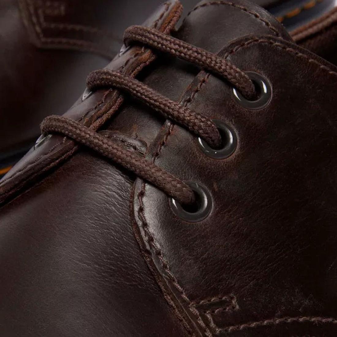 Close-up of the Dr Martens Brookline Lo Dark Brown Crazy Horse Leather Shoe, with matching laces, black metal eyelets, detailed stitching and textured leather, plus a SoftWair insole for enhanced comfort., 52062, 52063, 52064, 190665753912, 190665753936, 