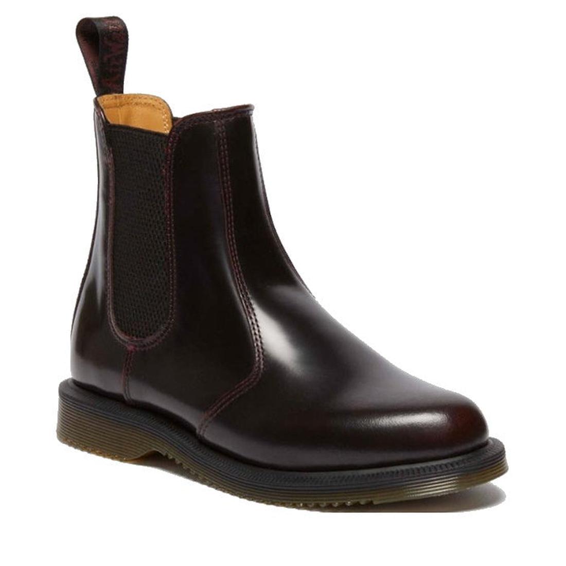 Dr Martens Flora Chelsea Boot for women in cherry red leather, with easy-on elastic sides, sturdy pull tab, and durable ridged sole.  ksnz