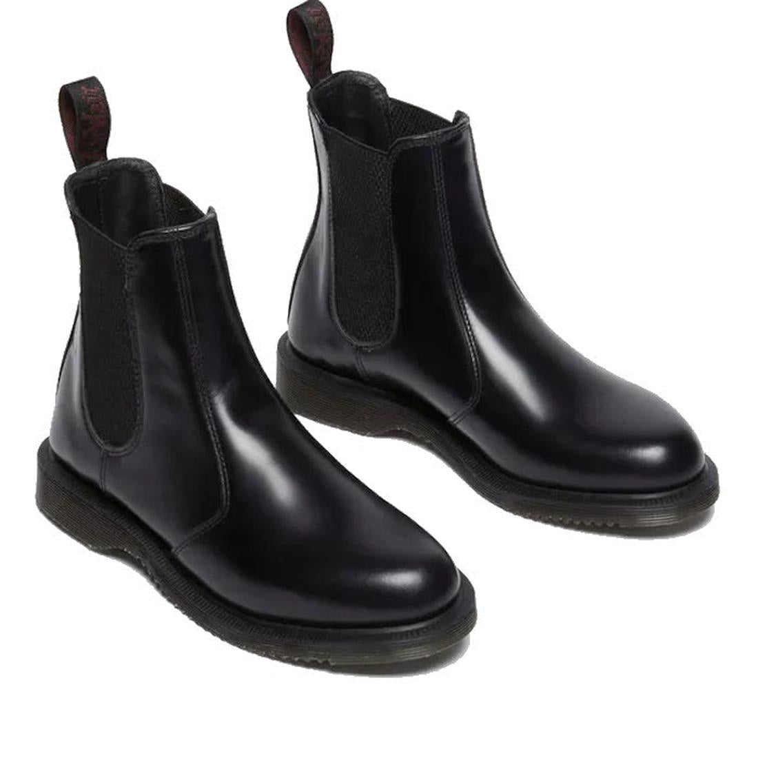 Pair of black leather Dr Martens Flora narrower fit womens  Chelsea boots on a white background.,
190665698183,
190665698190,
190665698206,
190665698220,
190665698237,
190665698244,, 190665698183, 190665698190, 190665698206, 190665698220, 190665698237, 19