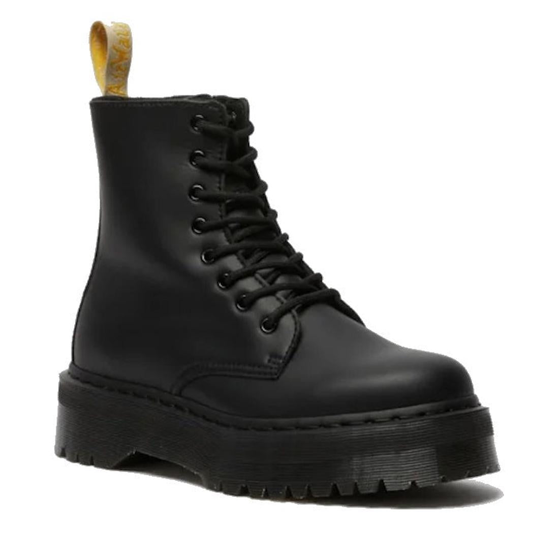 The Dr. Martens Jadon II Black Mono Vegan 8 Up w/Zip boot features a monochrome black finish, lace-up front, rugged thick sole, side zip, and signature yellow pull tab at the back.