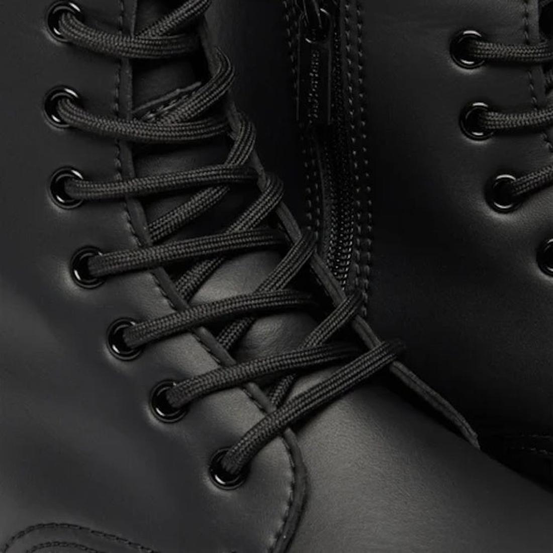 Close-up of Dr Martens Jadon II Black Mono Vegan 8 Up boots, showcasing smooth black vegan leather, detailed laces, eyelets, and a visible side zipper., 47978, 190665273076, 190665273083, 190665273106, 47982, 47983