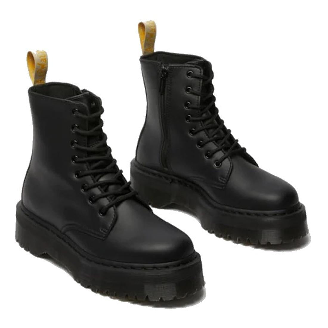 The Dr Martens Jadon II Black Mono Vegan 8 Up w/Zip boots feature thick chunky soles, lace-up fronts, yellow pull tabs, and a monochrome black design, inspired by the classic Jadon style and shown against a white background., 47978, 190665273076, 19066527