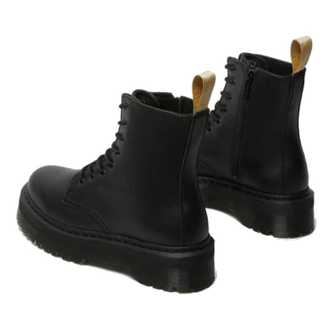 The Dr Martens Jadon II Black Mono Vegan 8 Up w/Zip boots feature thick platform soles and tan pull tabs, displayed from rear and side views on a white background., 47978, 190665273076, 190665273083, 190665273106, 47982, 47983