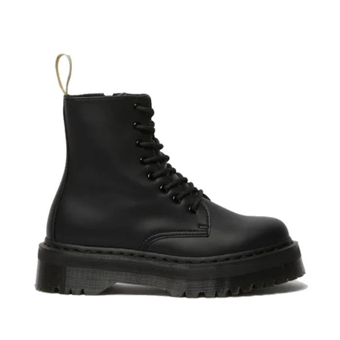 The Dr Martens Jadon II Black Mono Vegan 8 Up w/Zip is a black vegan lace-up combat boot with a chunky platform sole and beige pull tab, shown in side profile against a white background—ideal for bold, animal-friendly style seekers., 47978, 190665273076, 