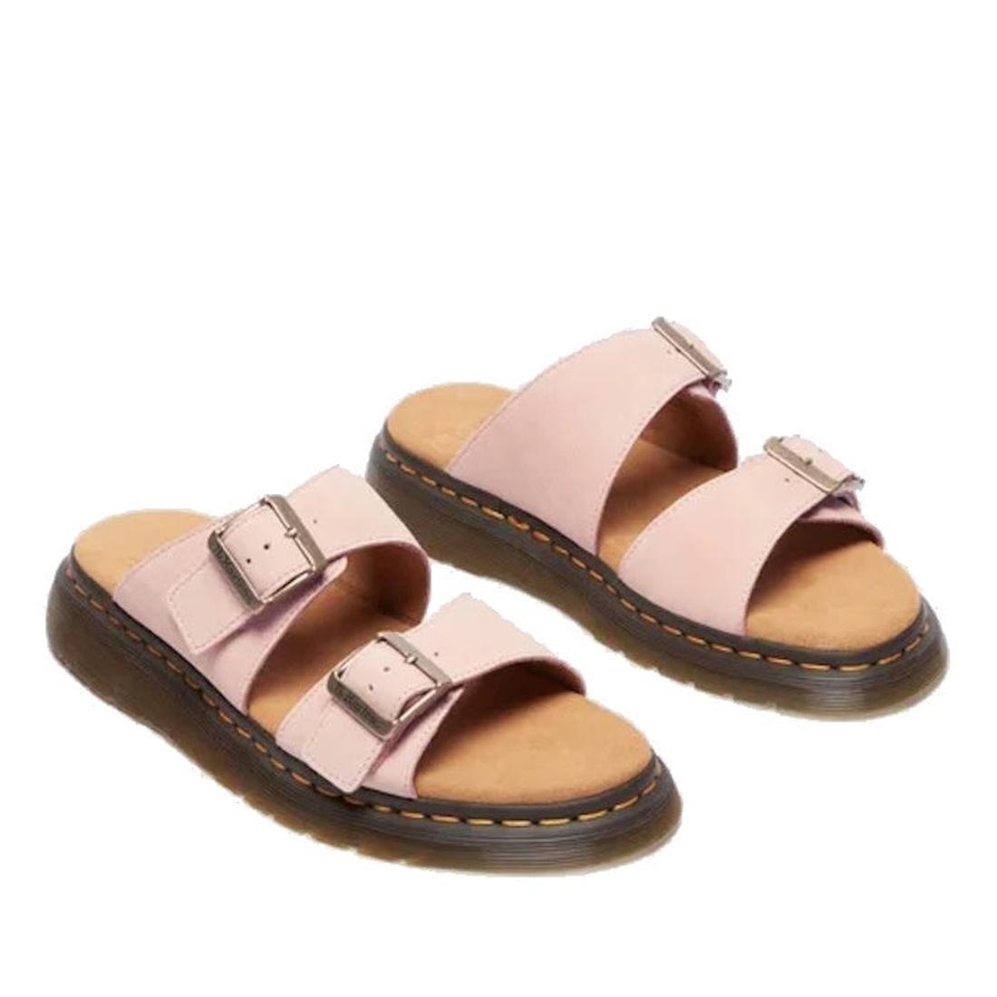 Pair of Dr Martens Josef pinkslide  sandals with brown soles. Two straps over the foot bothe with working buckles for adjustment on a white background,.
190665707533,
190665707540,
190665707557,
190665707571,
190665707588,, 190665707533, 190665707540, 190