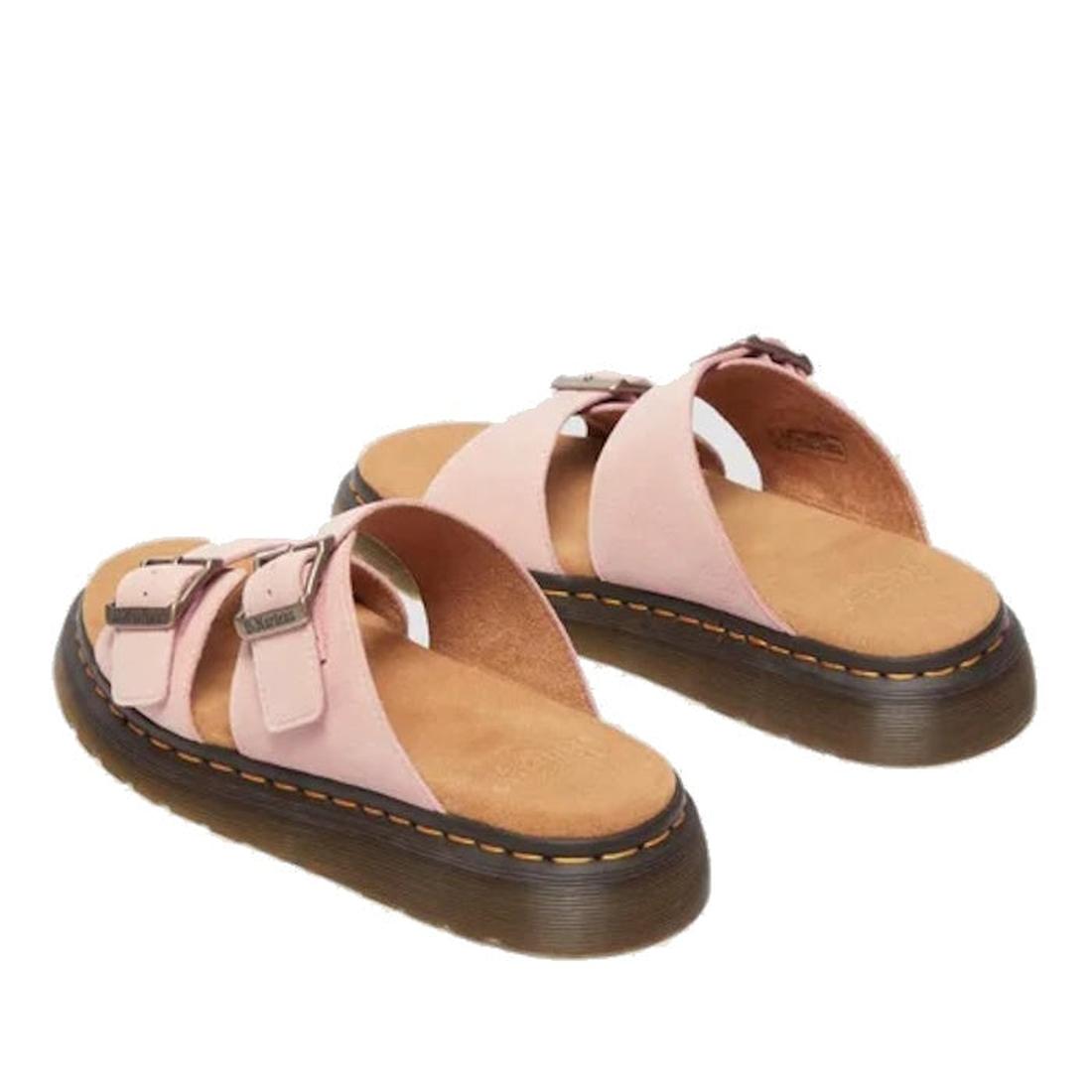 Heel to front view of a pair of Dr Martens Josef 2 strap slide  pink sandals with brown soles on a white background,.,
190665707533,
190665707540,
190665707557,
190665707571,
190665707588,, 190665707533, 190665707540, 190665707557, 190665707571, 190665707