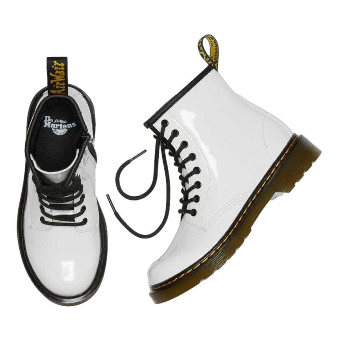 Dr Martens 1460 J Junior Boots for kids in glossy white patent, with black laces, easy side zip, cushioned sole, and yellow heel tab.  ksnz, 883985675704, 883985675711, 883985675735, 12113, 883985675681, 883985675698, 883985711907, 883985696099