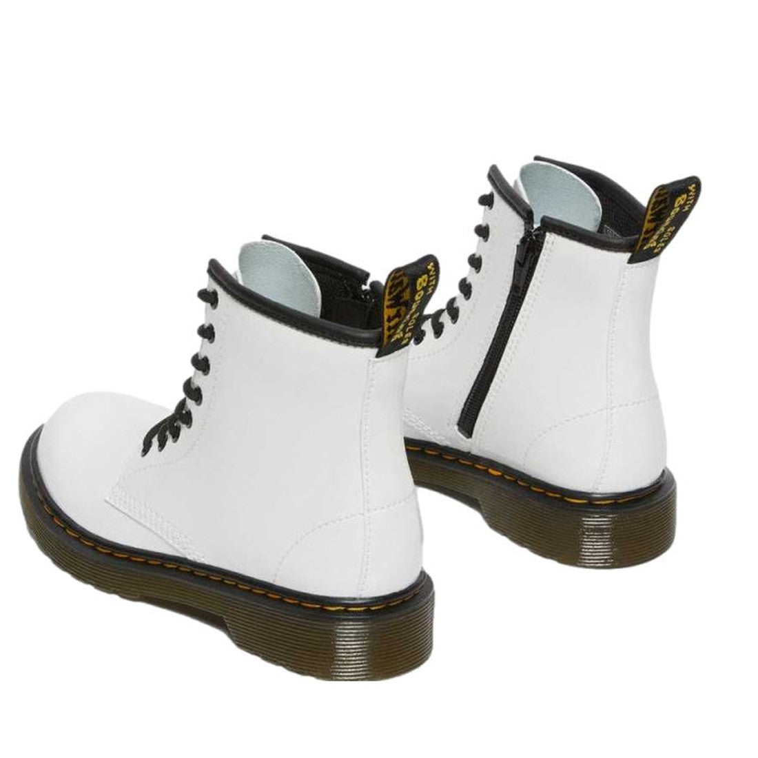 Dr Martens 1460 J Junior Lace Up Boot in shiny white, with a comfy air-cushioned sole, black laces, side zip, and yellow stitching.  ksnz, 883985675704, 883985675711, 883985675735, 12113, 883985675681, 883985675698, 883985711907, 883985696099