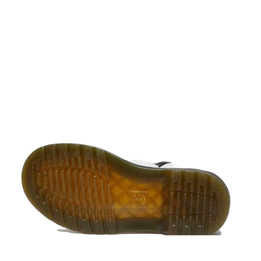 Dr Martens Kids 1460 J Junior Lace Up Boot in White Patent, shown bottom-up with a sturdy air-cushioned sole and zipper closure.  ksnz, 883985675704, 883985675711, 883985675735, 12113, 883985675681, 883985675698, 883985711907, 883985696099