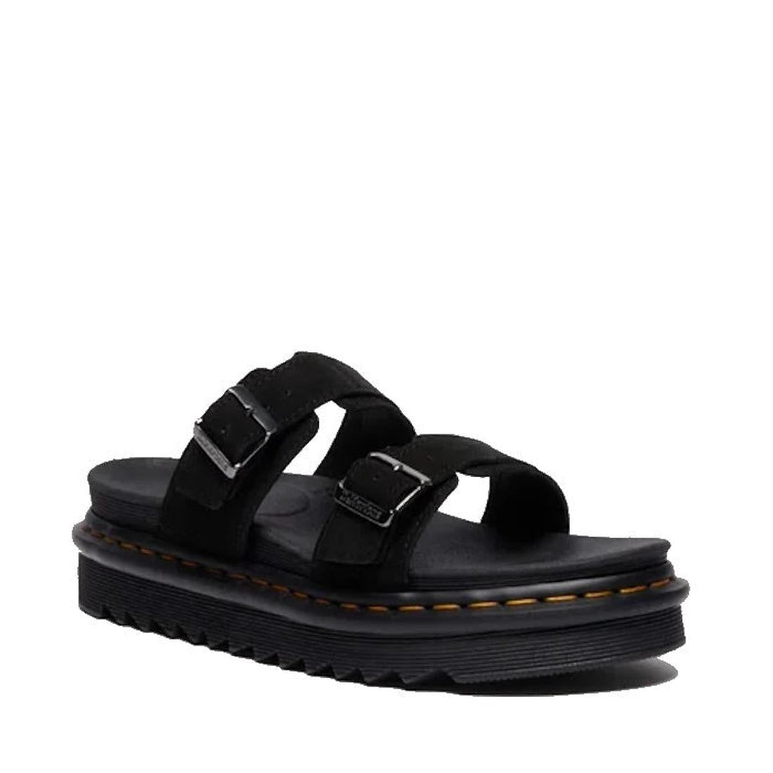 The Dr Martens Myles Black E.H Long Napped Suede Sandal features two adjustable buckled straps, a thick Zebrilus sole, and yellow stitching around the midsole, shown against a white background.