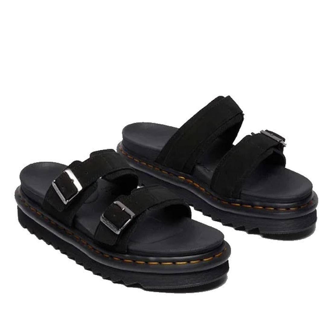 The Dr Martens Myles Black E.H Long Napped Suede Sandal features two adjustable buckle straps and thick, ridged Zebrilus soles with signature yellow stitching., 49269, 190665796711, 190665796728, 190665796735, 190665796759, 190665796766, 190665796773, 190