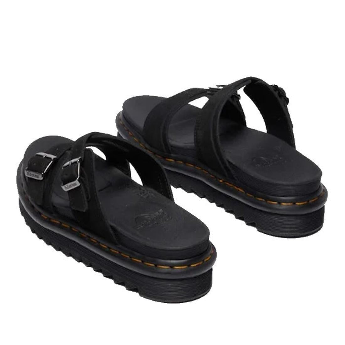 The Dr Martens Myles Black E.H Long Napped Suede Sandal features two buckle straps, thick Zebrilus soles, and signature yellow stitching around the edge., 49269, 190665796711, 190665796728, 190665796735, 190665796759, 190665796766, 190665796773, 190665796