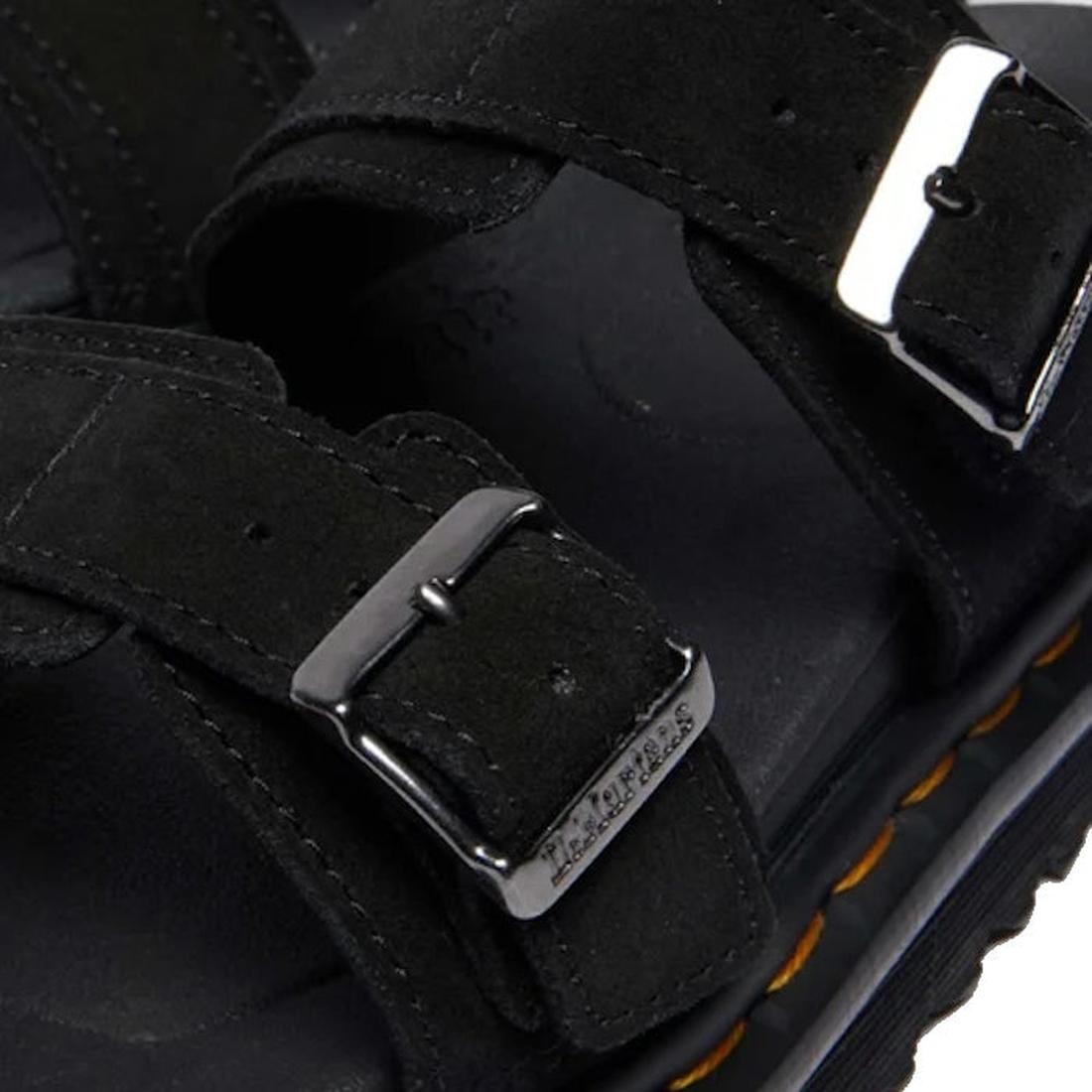 Close-up of Dr Martens Myles Black E.H Long Napped Suede Sandal, showing long napped suede straps, silver buckles, visible stitching on the Zebrilus sole, and a textured footbed., 49269, 190665796711, 190665796728, 190665796735, 190665796759, 190665796766