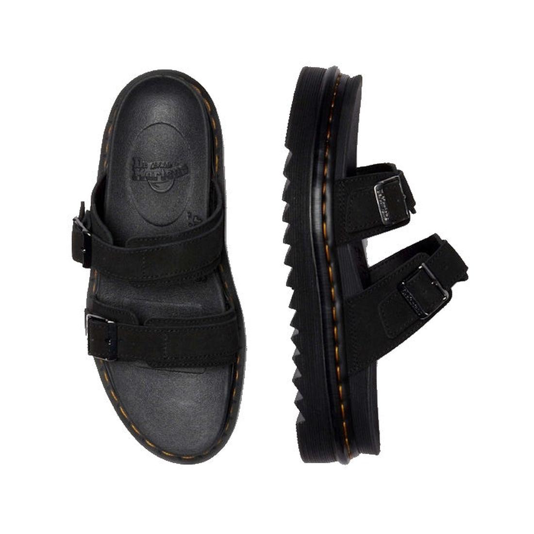 Two Dr Martens Myles Black E.H Long Napped Suede Sandals with thick Zebrilus soles and two buckle straps each are displayed on a white background—one shown from the top, the other from the side., 49269, 190665796711, 190665796728, 190665796735, 1906657967