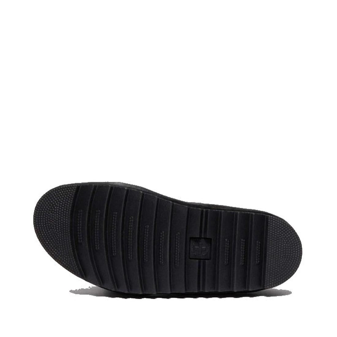 The image displays the black Zebrilus sole of the Dr Martens Myles Black E.H Long Napped Suede Sandal from the bottom, featuring horizontal grooves for traction and a small rectangular logo at the center., 49269, 190665796711, 190665796728, 190665796735, 
