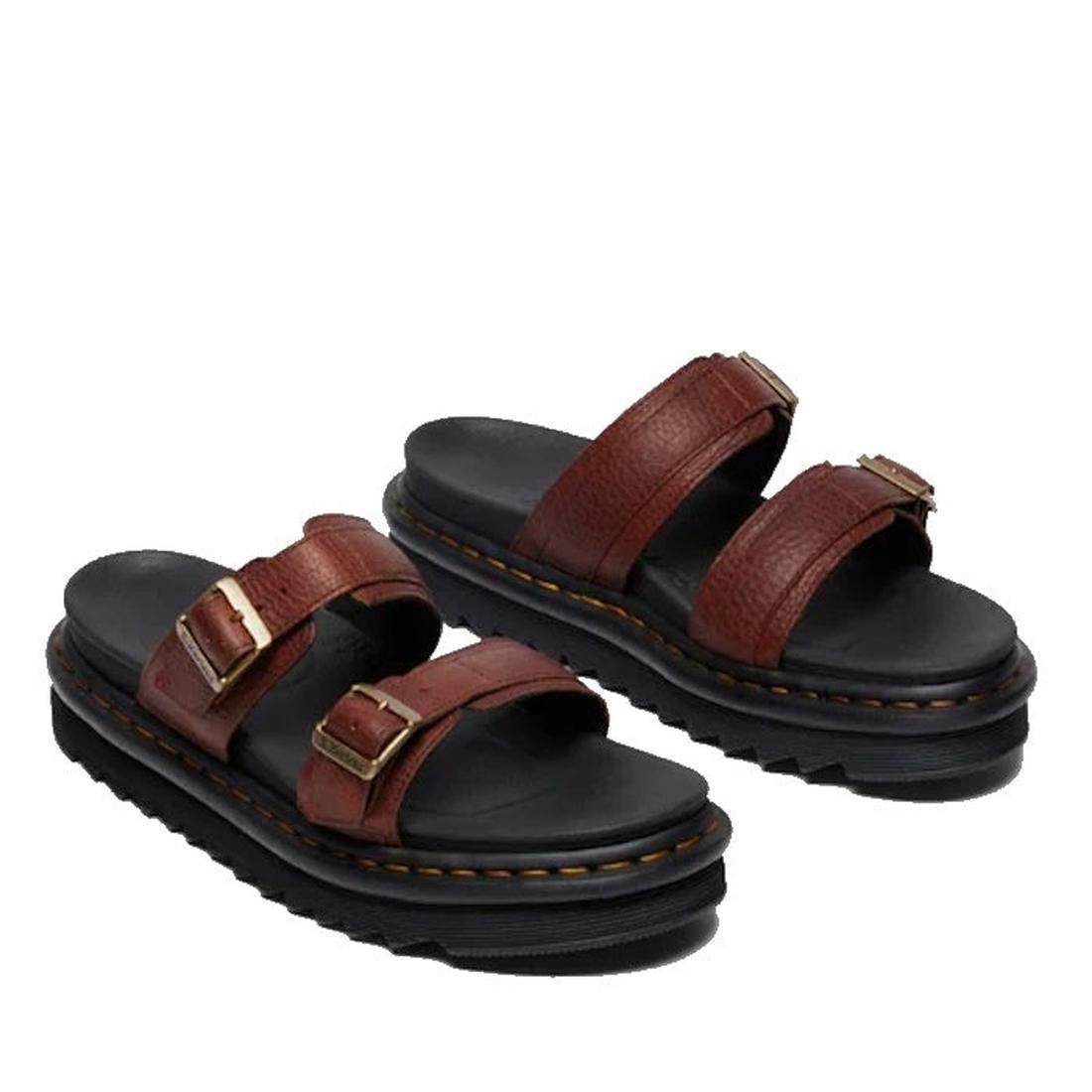 A pair of Dr. Martens Myles Cashew Ambassador Brown Leather Sandals featuring two adjustable buckle straps and thick black EVA Zebrilus soles with visible stitching., 49260, 190665772081, 190665772098, 190665772104, 190665772128, 190665772135, 19066577214