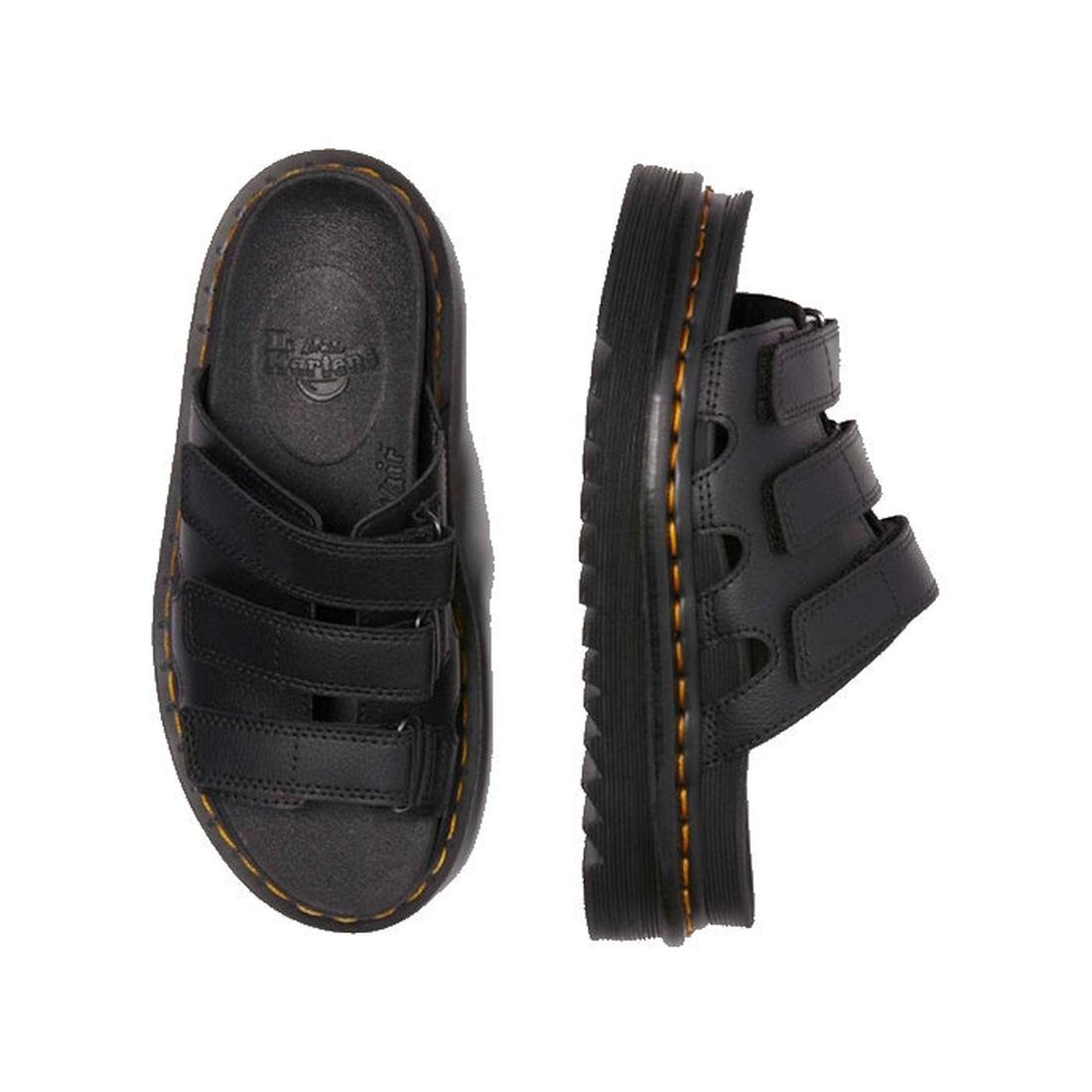 Dr Martens Raine Black sandals with velcro straps on a white background. i foot laying on it's side showing the outer foot, the other top donw showing the in sole,
190665717761,
190665717778,
190665717785,
190665717808,
190665717815,
190665717822,, 41936,