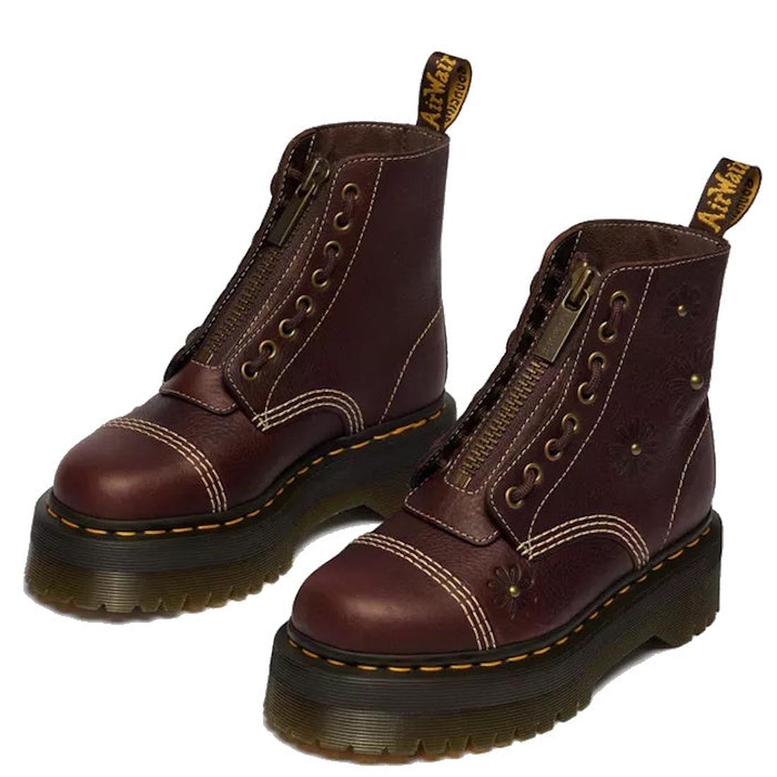 The Dr Martens Sinclair Flower Dark Brown Grizzly Leather Boot features a platform Quad sole, yellow stitching, front zippers, decorative flower details, and back pull tabs., 51903, 51904, 190665777116, 190665777123, 190665777147, 51909, 51910