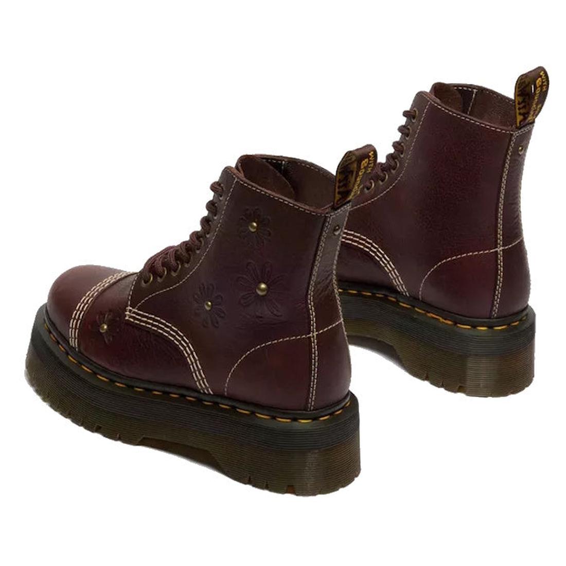 The Dr Martens Sinclair Flower Dark Brown Grizzly Leather Boot features floral embossing, yellow stitching, brown laces, and a thick black Quad platform sole. Shown from back and side angles on a white background., 51903, 51904, 190665777116, 190665777123