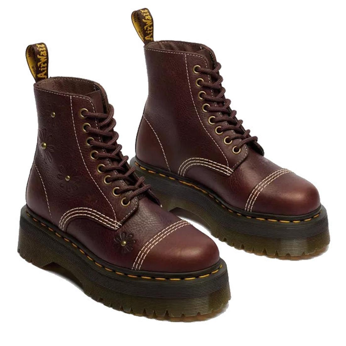 Dr Martens Sinclair Flower Dark Brown Grizzly Leather Boots feature a platform quad sole, yellow stitching, flower details, and back pull tabs., 51903, 51904, 190665777116, 190665777123, 190665777147, 51909, 51910