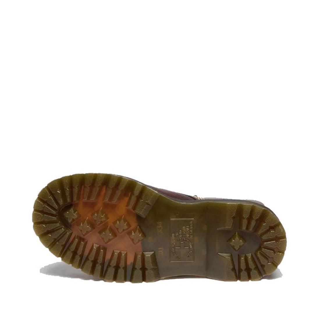 The image displays the bottom view of a Dr Martens Sinclair Flower Dark Brown Grizzly Leather Boot, highlighting its thick transparent Quad platform sole with deep, rugged treads for superior traction., 51903, 51904, 190665777116, 190665777123, 1906657771