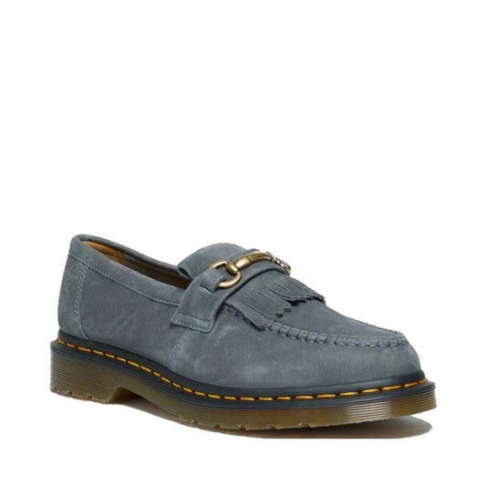 Dr Martens Adrian Snaffle Loafer: Blue nubuck slip-on shoes with comfy low heel, yellow stitching, sturdy sole, and fun fringe.  ksnz
