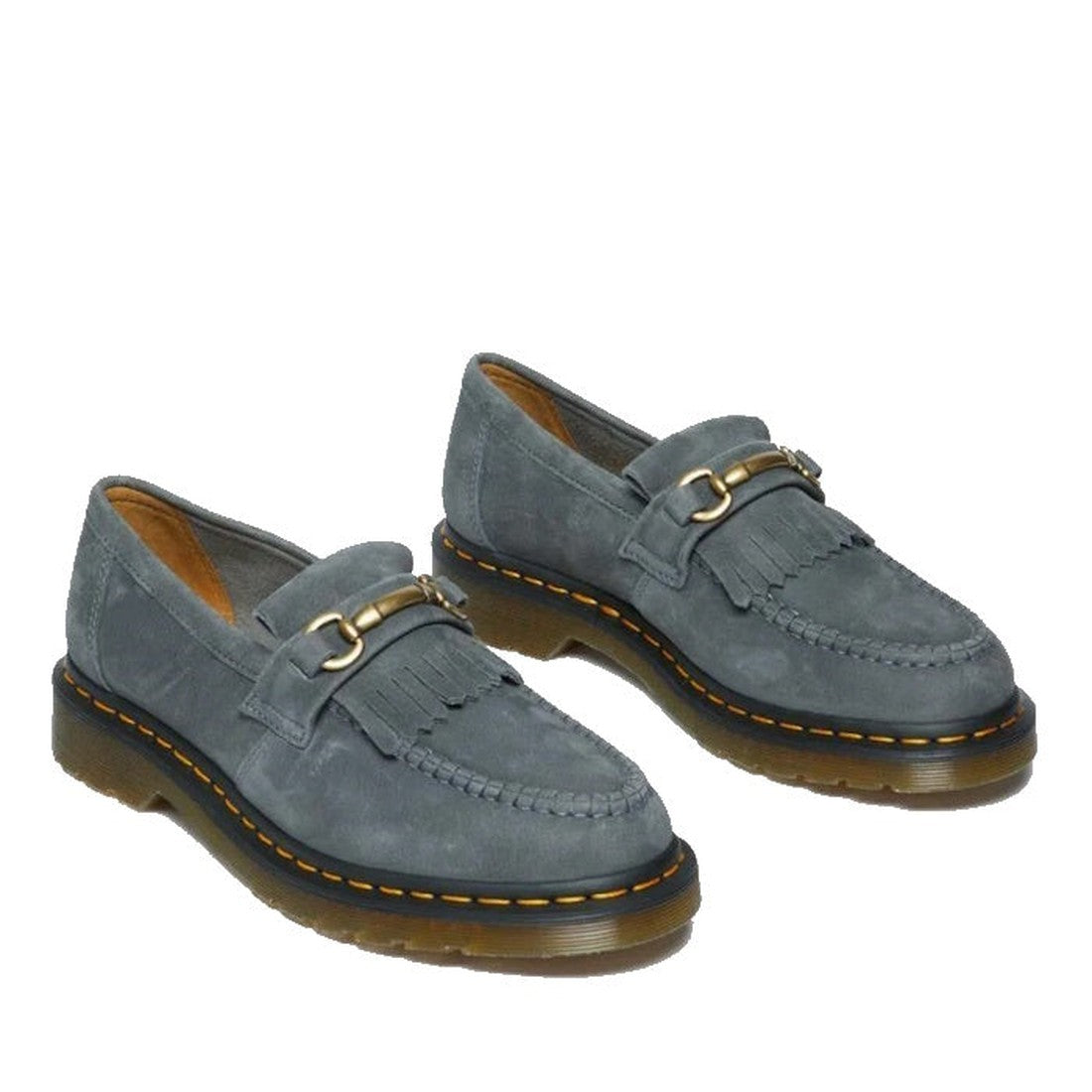 Dr Martens Adrian Snaffle Loafer in gray nubuck with easy slip-on style, gold accents, and sturdy yellow-stitched sole for comfort.  ksnz, 190665630039, 190665629958, 190665629965, 190665629972, 190665629996, 190665630008, 190665630015