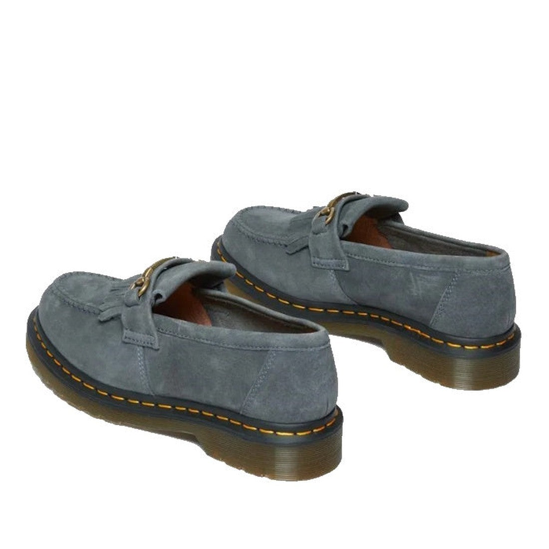 Dr Martens Adrian Snaffle Loafer in soft gray nubuck, with sturdy rubber soles, easy slip-on style, yellow stitching, and gold chain on top.  ksnz, 190665630039, 190665629958, 190665629965, 190665629972, 190665629996, 190665630008, 190665630015