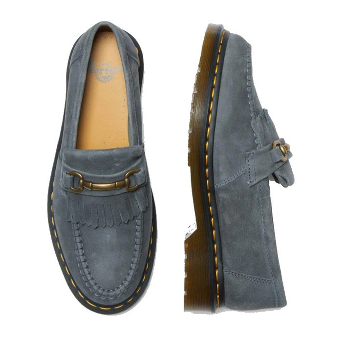 Dr Martens Adrian Snaffle Loafer in washed denim blue, with fringe, metal bit, moc toe seams, a sturdy chunky sole and easy slip-on style.  ksnz, 190665630039, 190665629958, 190665629965, 190665629972, 190665629996, 190665630008, 190665630015