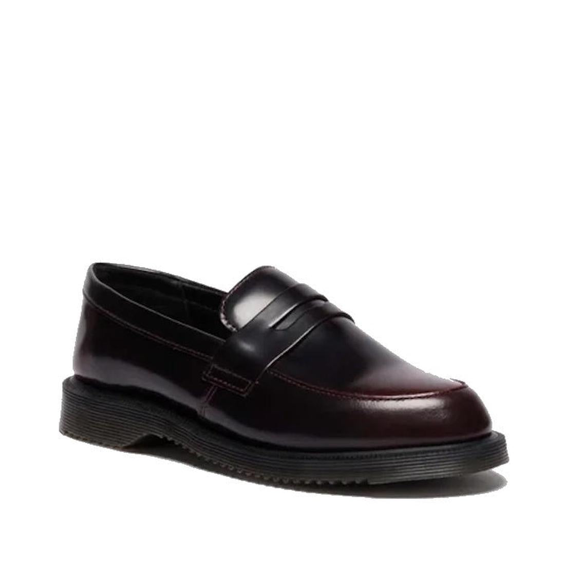 A single Dr Martens Temara Cherry Red Arcadia Leather Loafer, featuring a low heel and black rubber sole, expertly Goodyear-welted and displayed on a white background.