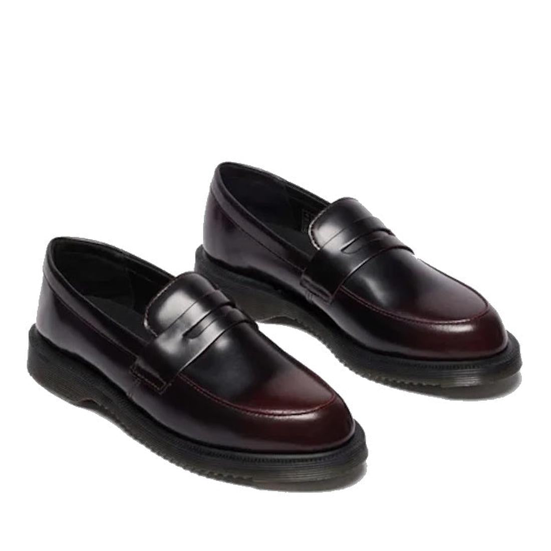 A pair of Dr Martens Temara Cherry Red Arcadia leather loafers with black soles, displayed on a white background., 190665747560, 190665747577, 190665747591, 52060, 52061