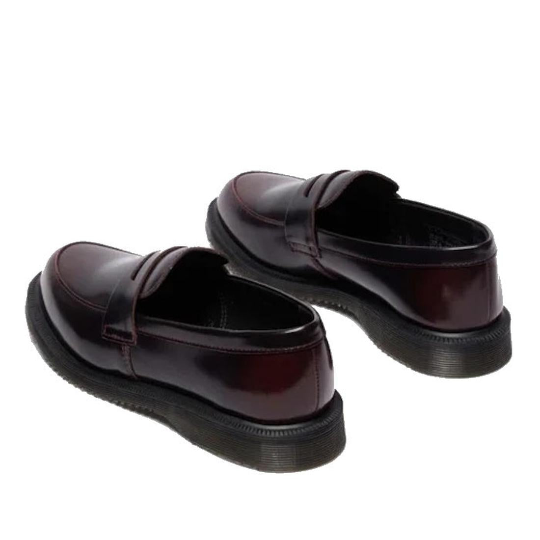 Dr Martens Temara Cherry Red Arcadia Leather Loafers with glossy finish and black rubber soles, Goodyear-welted, shown at an angle on a white background to highlight the back and side views., 190665747560, 190665747577, 190665747591, 52060, 52061