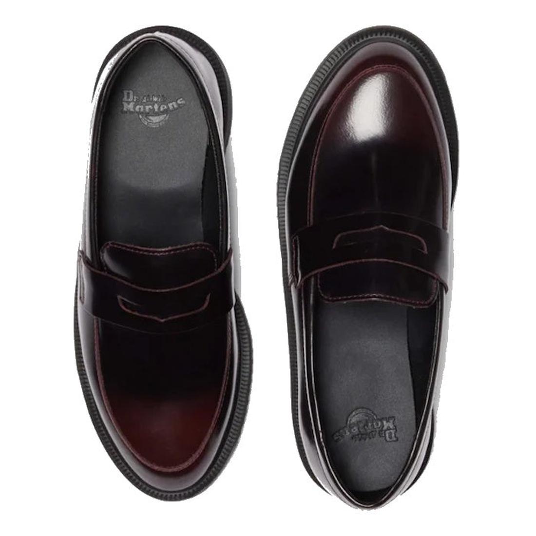 The Dr. Martens Temara Cherry Red Arcadia Leather Loafer features a classic penny design, glossy finish, Goodyear-welted build, and thick black soles for signature durability and style, shown here from above., 190665747560, 190665747577, 190665747591, 520