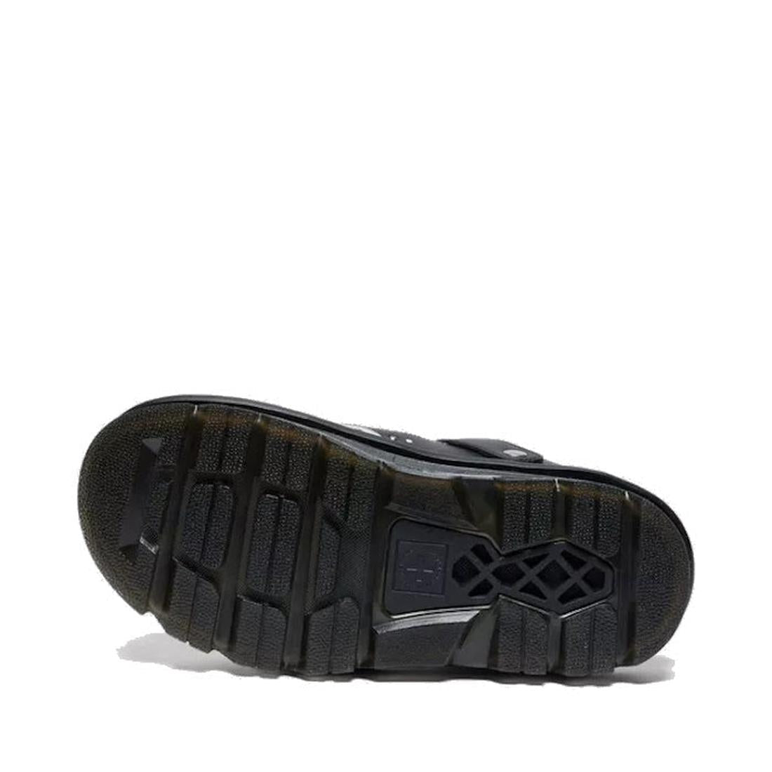 The image shows the bottom view of the Dr Martens Zebzag Mule Solar Flare Genix Nappa Black sandal, highlighting its ergonomic, textured rubber sole with deep treads against a plain white background., 190665758818, 190665758825, 190665758832, 190665758856