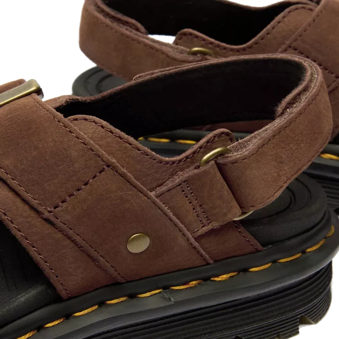 Close-up of Dr Martens Zebzag Sepia Brown Nubuck 2 Strap Sandal with brass hardware, thick black soles, yellow stitching, water-resistant finish, adjustable straps, and visible textured footbeds., 190665790603, 190665790610, 190665790627, 190665790641, 19