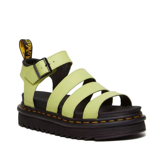 The Dr Martens Blaire Lime Green Athena 3 Strap Sandal features Athena leather in lime green, a rugged black sole, yellow stitching, an ankle buckle, and a black-and-yellow back pull tab.