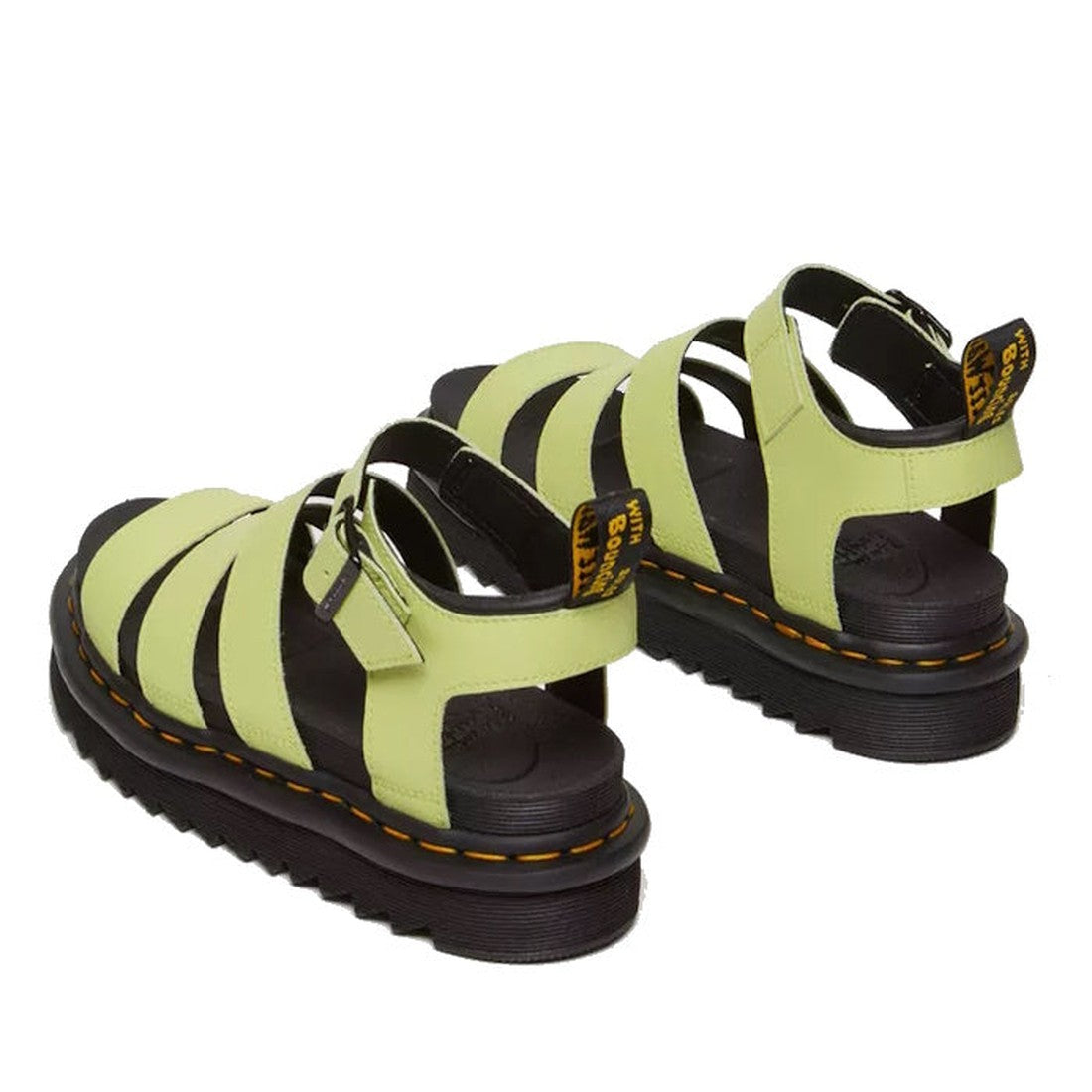 The Dr Martens Blaire Lime Green Athena 3 Strap Sandal features thick black soles, yellow stitching, silver buckles, and black pull tabs with yellow text for a stylish yet comfortable look., 190665644951, 190665644968, 190665644975, 190665644999, 41506, 4