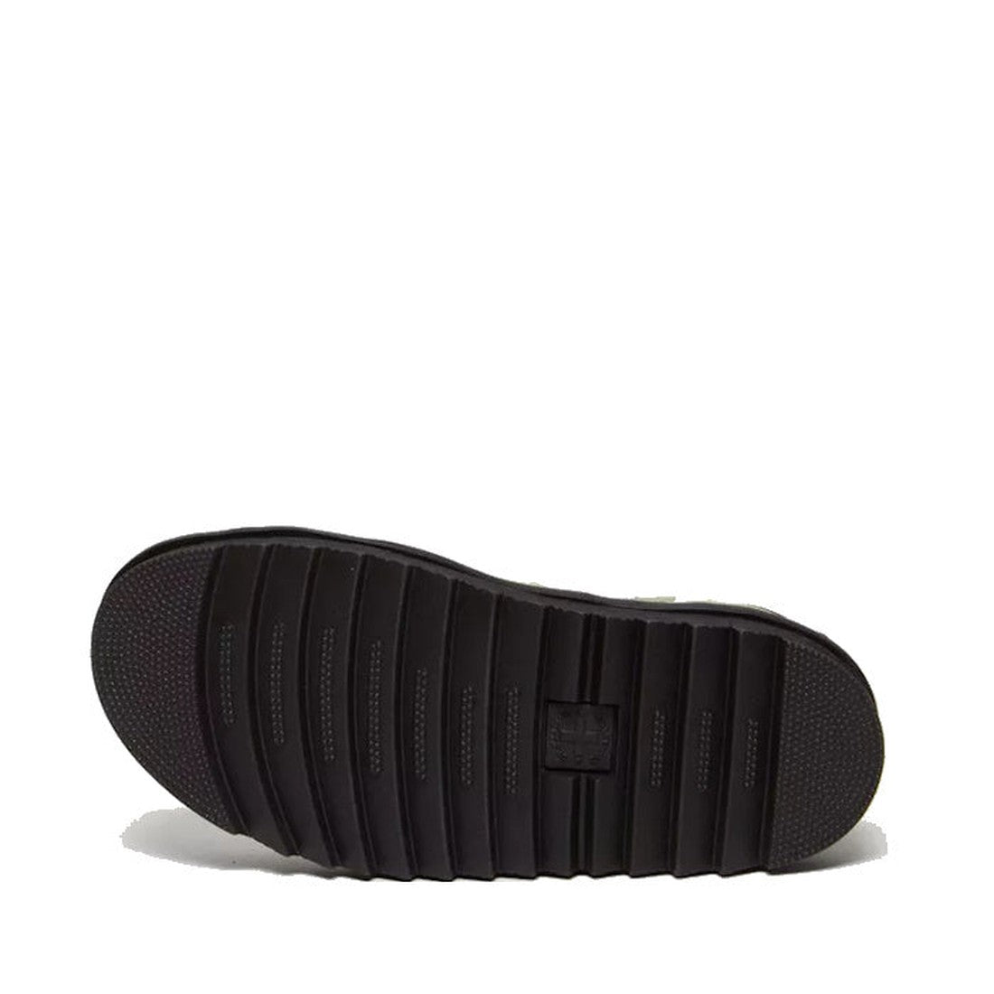 The image shows the black rubber sole of the Dr Martens Blaire Lime Green Athena 3 Strap Sandal from below, featuring a textured tread with parallel ridges and a central rectangular section., 190665644951, 190665644968, 190665644975, 190665644999, 41506, 