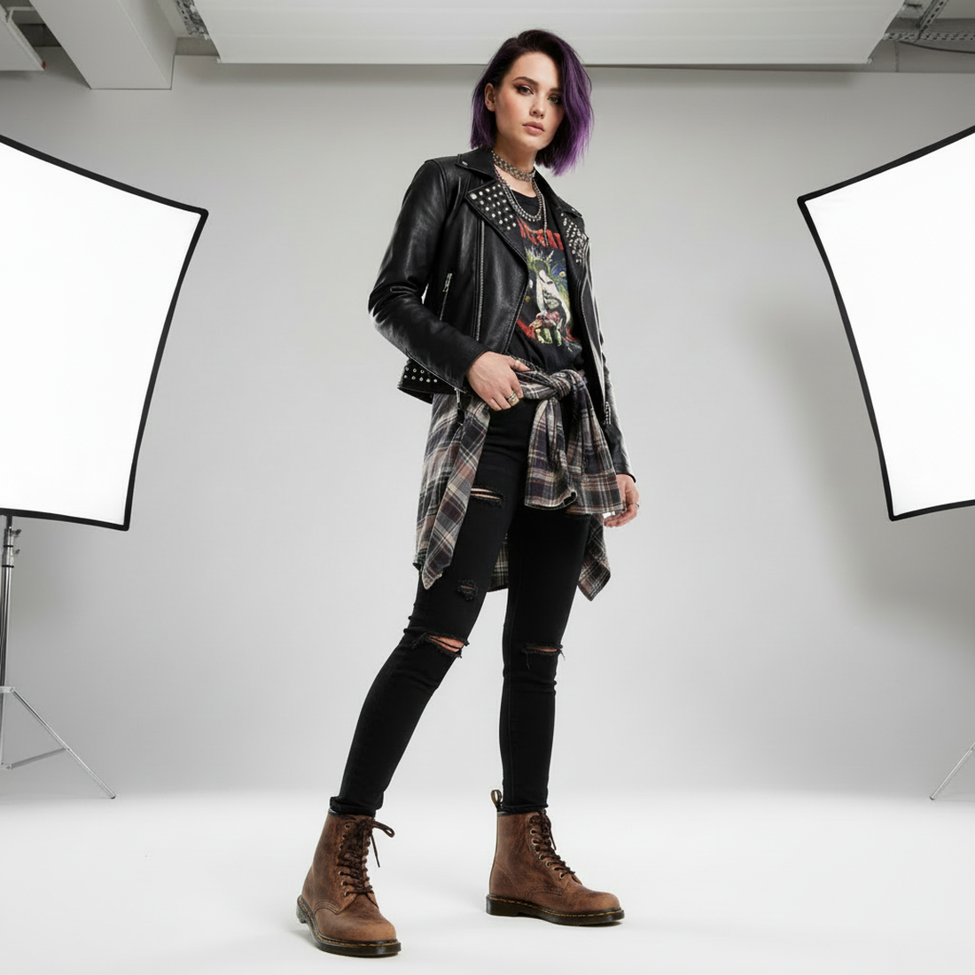 A woman with purple hair stands confidently in a photo studio, wearing black jeans, a leather jacket, and the Dr Martens 1460 Cherry Red Crazy Horse Waxy Leather 8 Eye Boot. Two large softbox lights are visible in the background., 190665786835, 1906657868