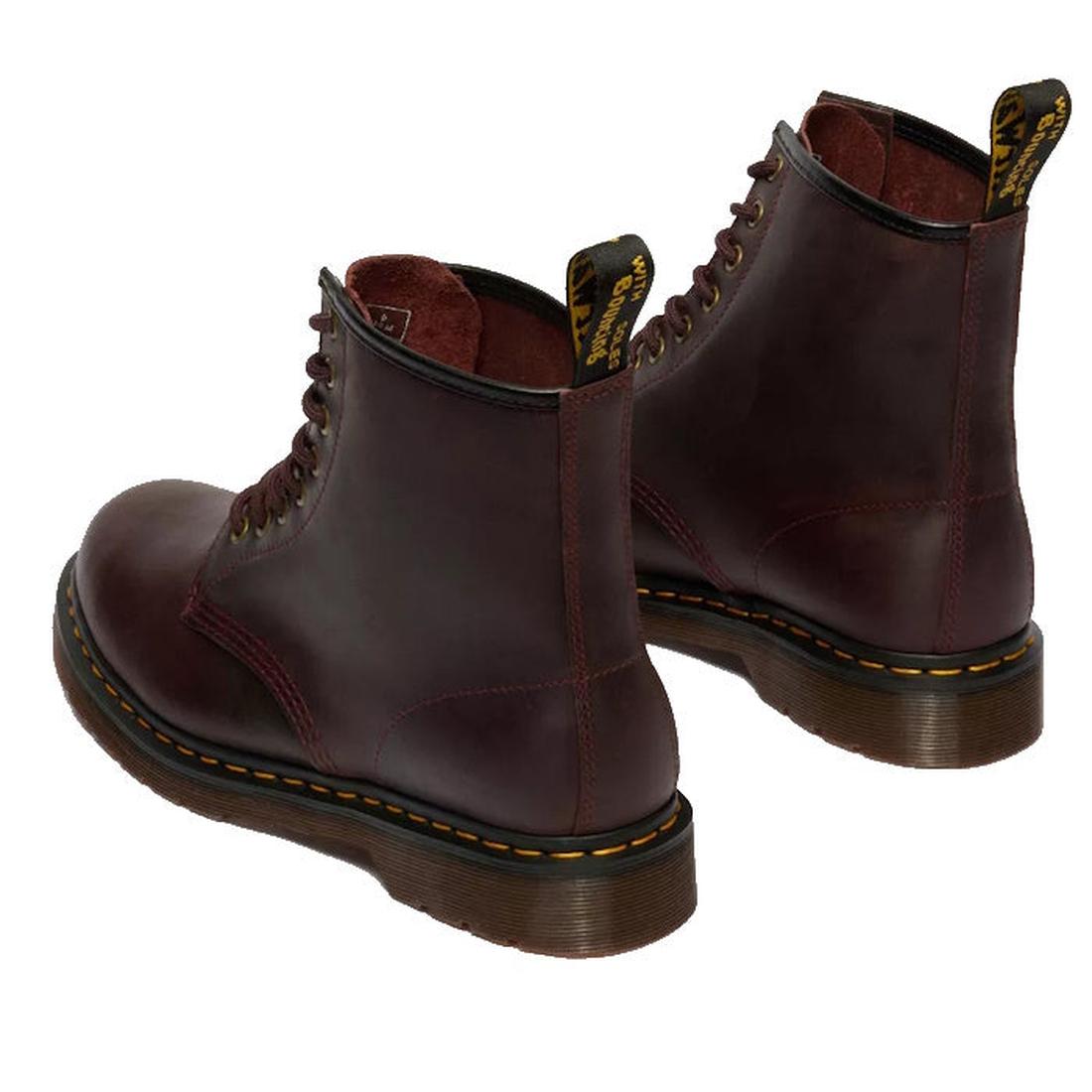 The Dr Martens 1460 Cherry Red Crazy Horse Waxy Leather 8 Eye Boot features yellow stitching on the Goodyear welted sole and black pull tabs with yellow branding at the back., 190665786835, 190665786842, 190665786859, 190665786873, 190665786880, 190665786