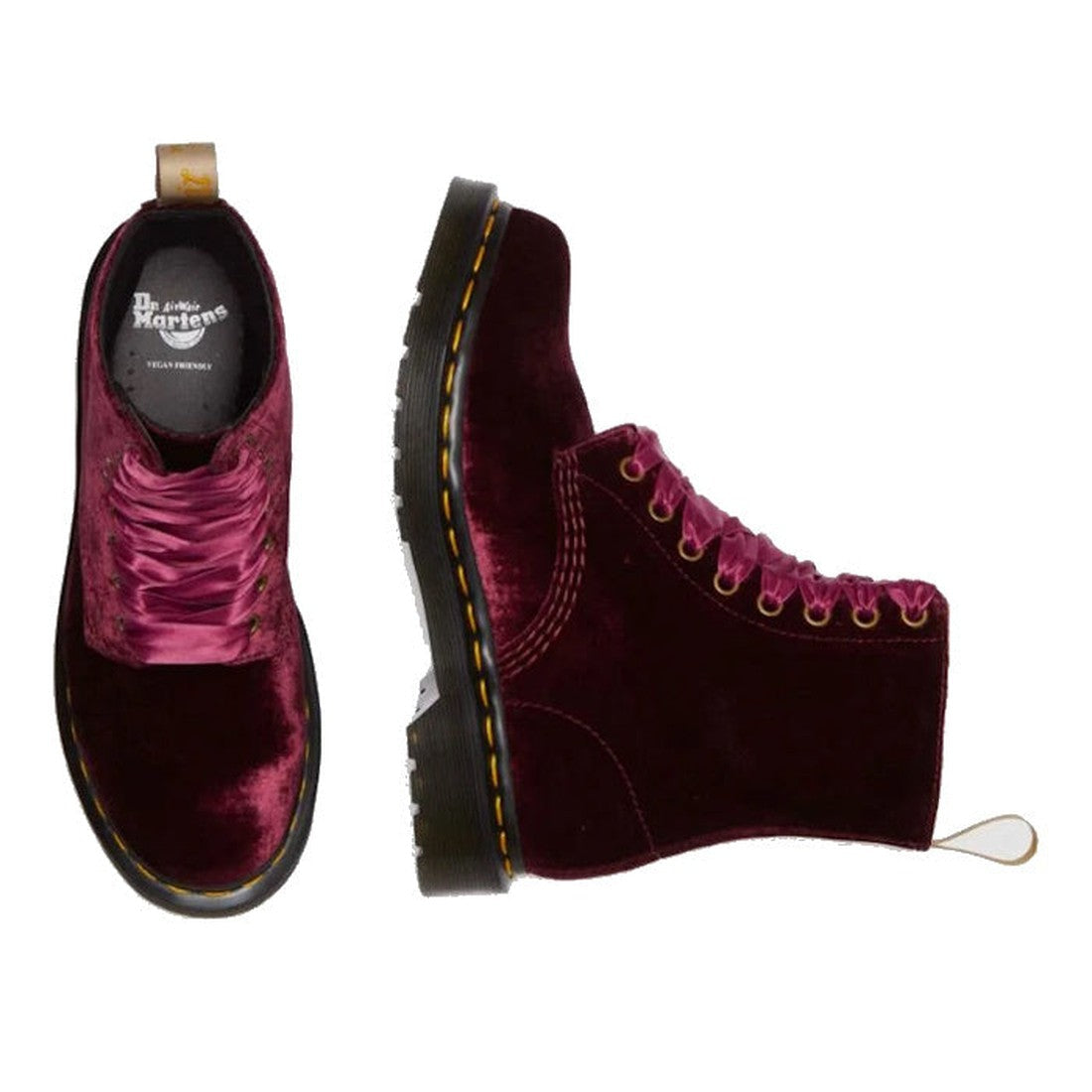A pair of Dr. Martens 1460 Vegan Pascal Cherry Red Velvet 8 Eye Boots with matching satin laces and yellow stitching, shown from the top and side on a white background., 42020, 190665660616, 190665660623, 190665660630, 190665660654, 190665660661, 19066566