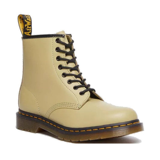 Image of right foot, side on of Dr Martens 1460 Smooth Pale Olive 8 up Leather Boot-Foot Forward Shoes