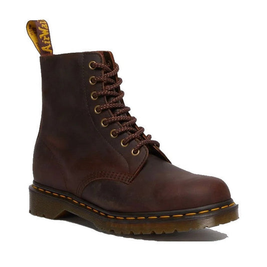 Dr Martens 1460 Pascal boot in chestnut brown leather, with sturdy lace-up closure, thick sole, yellow stitching, and pull tab.  ksnz