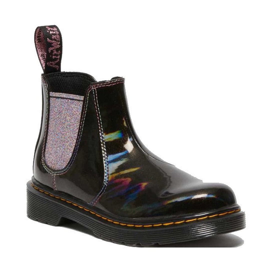 Image of right foot, side on of Dr Martens Kids Juniors 2976 J Chelsea Boot Black Lightshow Sparkle Rays-Foot Forward Shoes