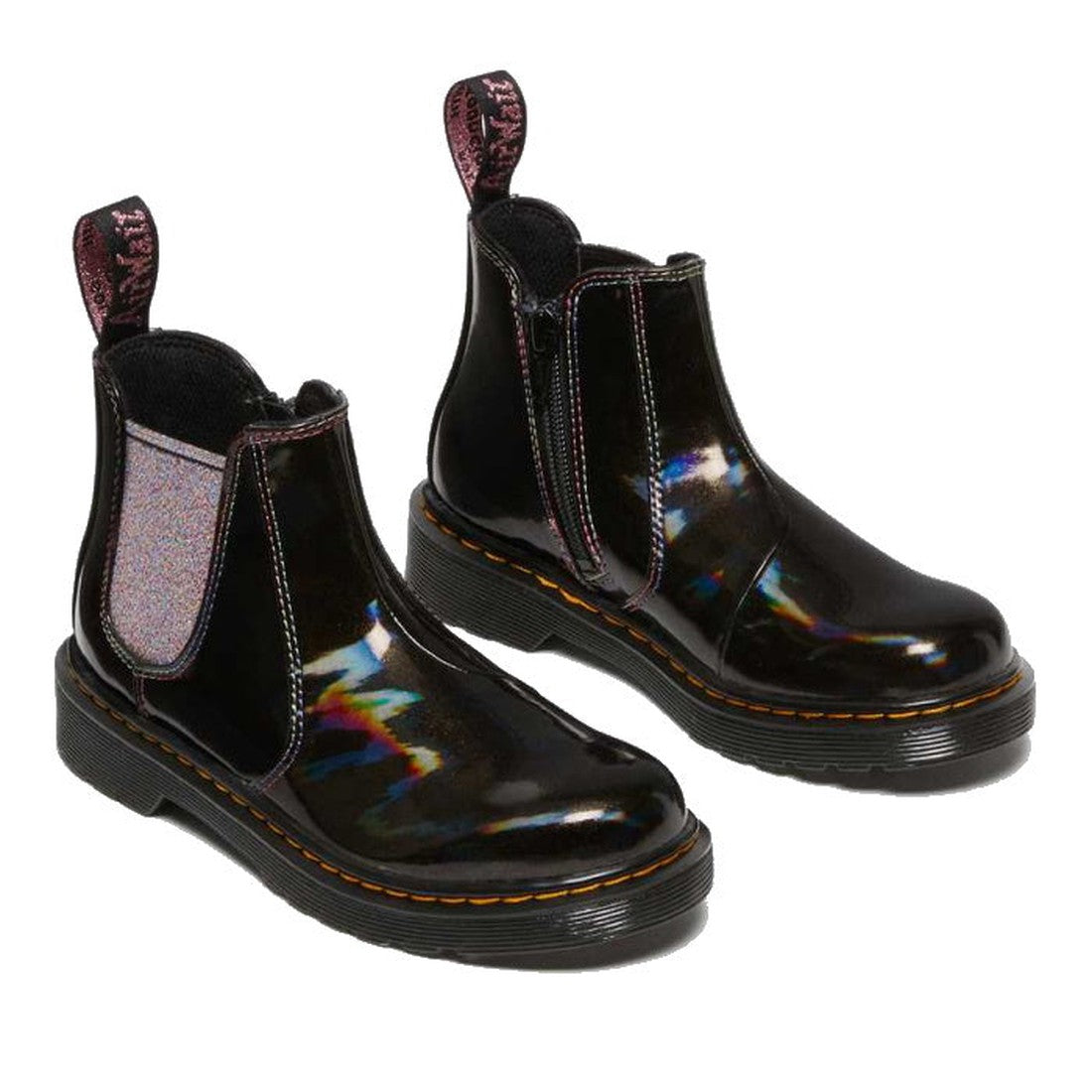 Dr Martens Kids Juniors 2976 J Chelsea Boot Black Lightshow Sparkle Rays: shiny black Chelsea boots with a rainbow finish, black elastic side panels, thick black soles, and yellow stitching around the edges., 190665495171, 190665495195, 190665495218, 1906