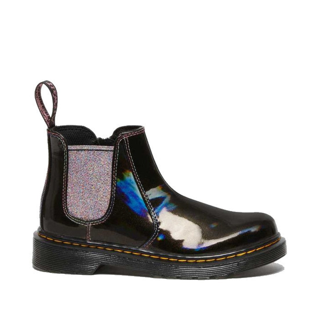 The Dr Martens Kids Juniors 2976 J Chelsea Boot in Black Lightshow Sparkle Rays features a shiny black finish with a rainbow effect, glittery elastic side panel, back pull tab, and signature yellow stitching around the sole., 190665495171, 190665495195, 1